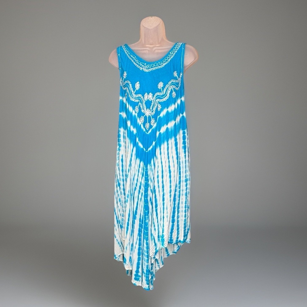 Rina Dress Womens Free Size Blue Tie Dye Embellished Handkerchief Hem Boho Fairy